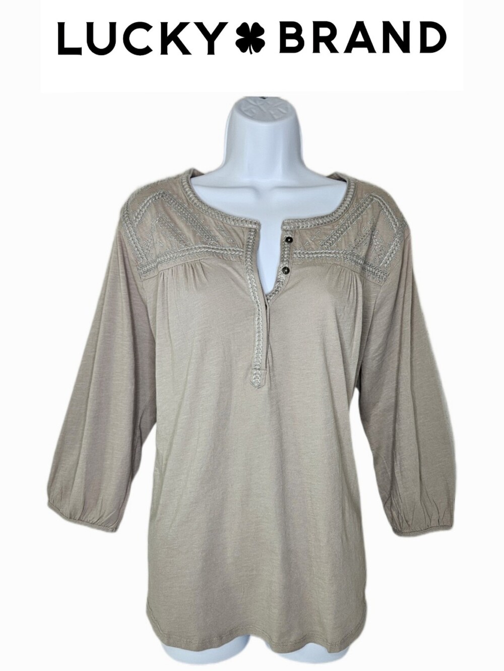 NWT Lucky Brand Women's Boho Embroidered 3/4 Sleeve Button Top Khaki